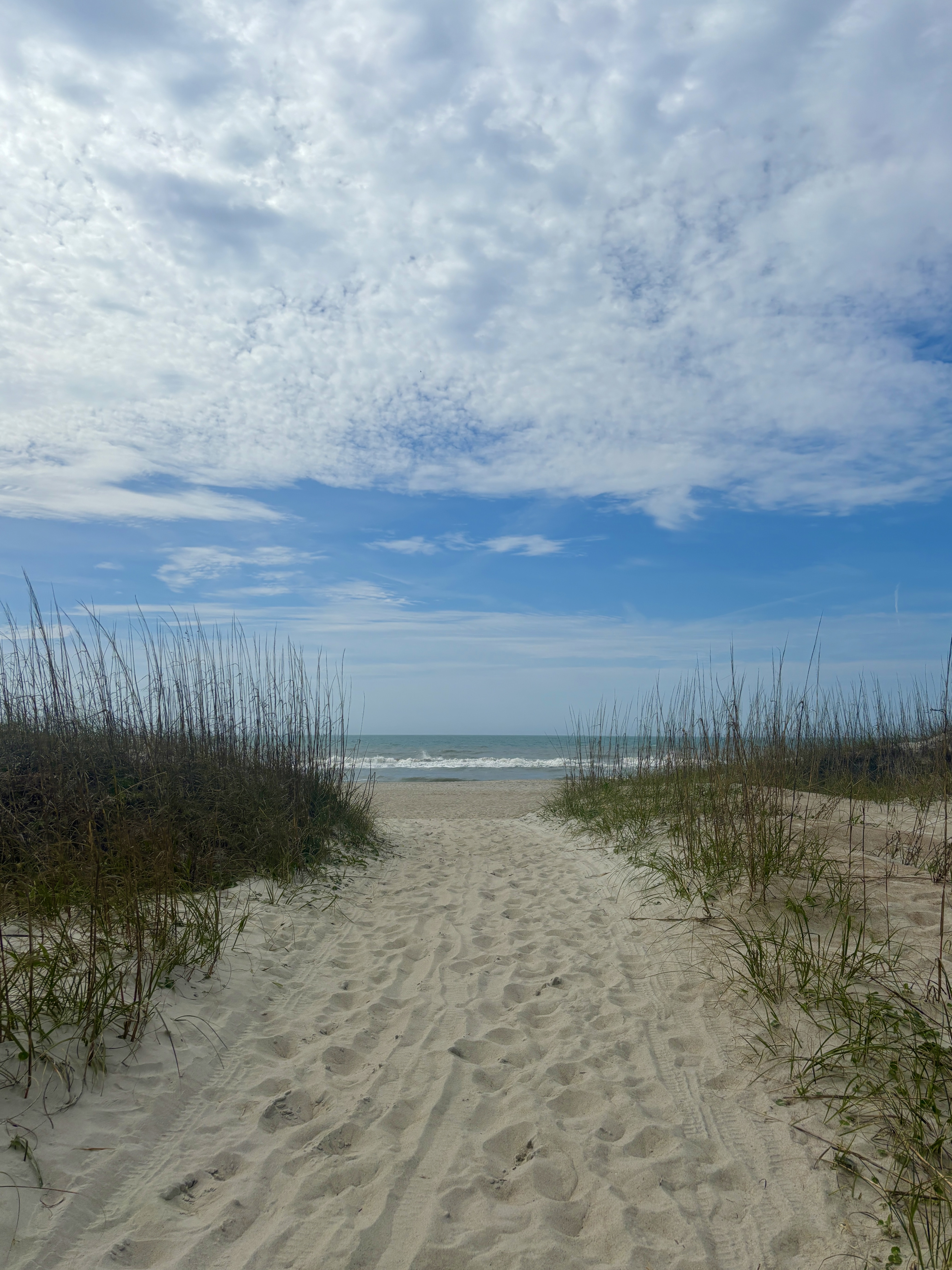 A sandy path on the beach leading to the sea.